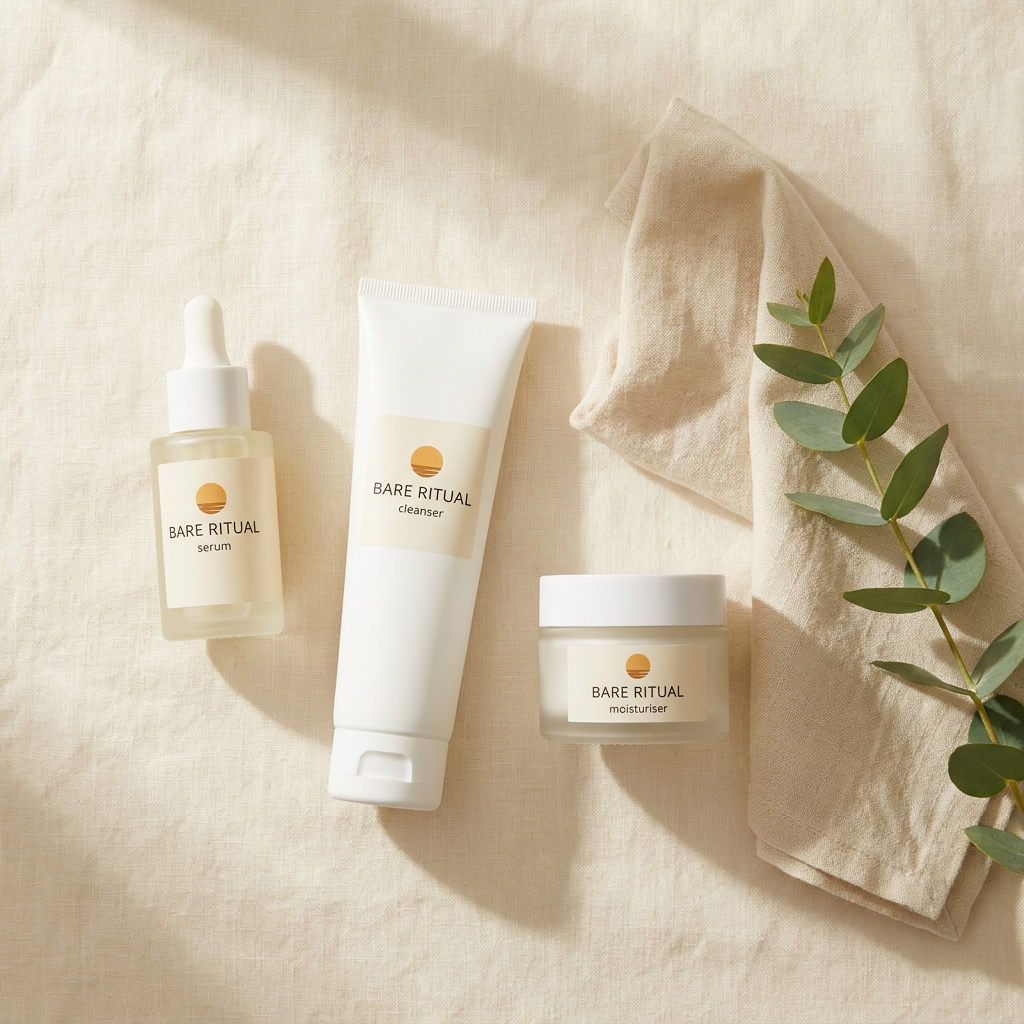 The three Bare Ritual products laid out on warm linen