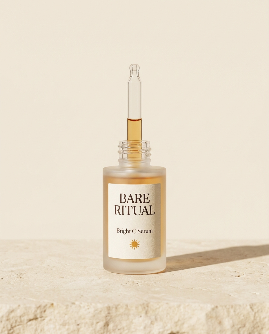 Bare Ritual Bright C Serum in a frosted glass dropper bottle